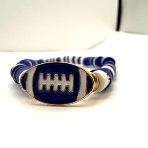 Blue White Football Heishi Bead Stretch Bracelet Gold Tone Enamel Sports Bracele